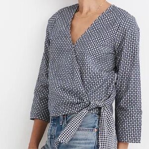 Madewell Textured Cotton Wrap Top Gingham Blue White Size Small